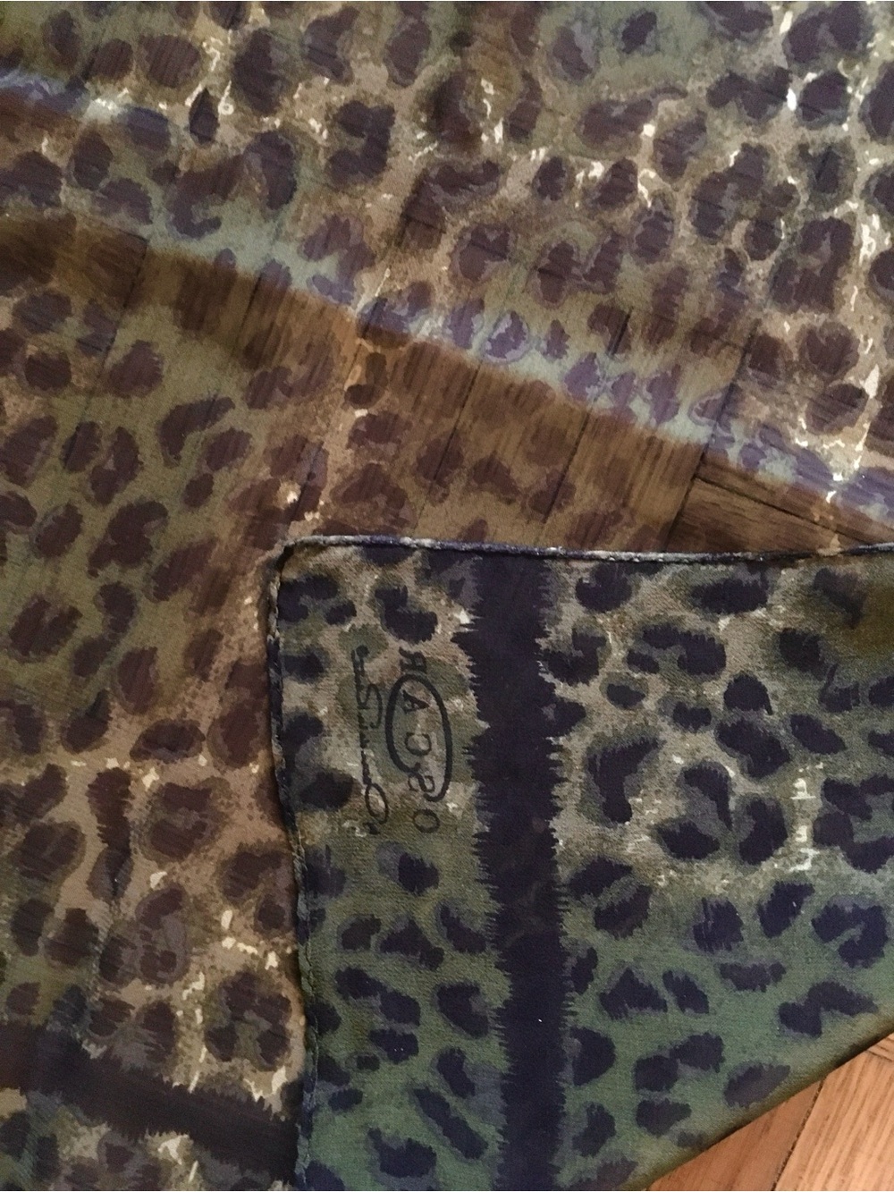 Vintage Oscar de la Renta Olive/Black Leopard Silk Chiffon Long Oblong Scarf